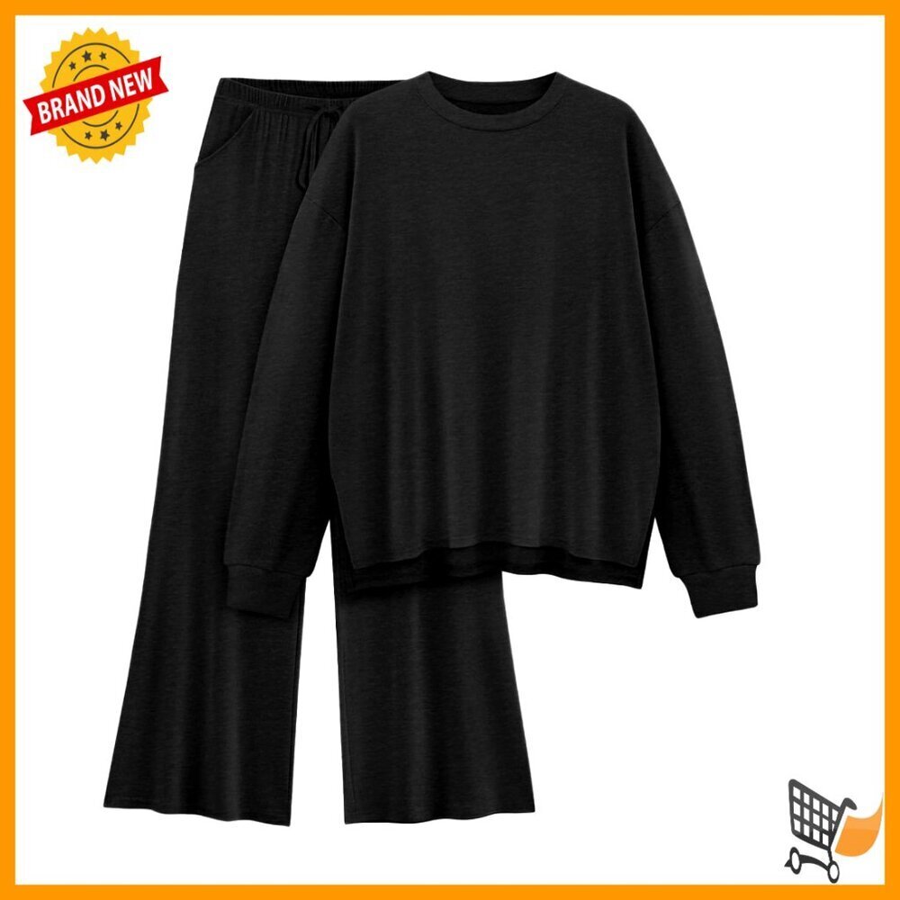 Cozy Lounge Set Long Sleeve Top Wide Leg Pants Matching Outfit Soft Stretchy